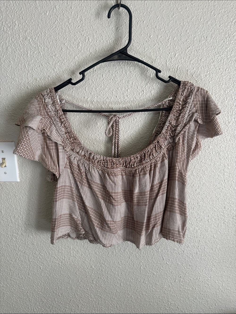Free People Brown Check Off-Shoulder Ruffle Crop Top